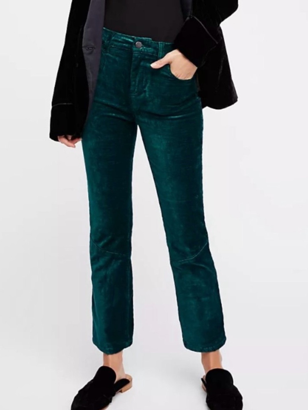 Free people the velvet crop flare jeans deep emerald green size 2 boho holiday